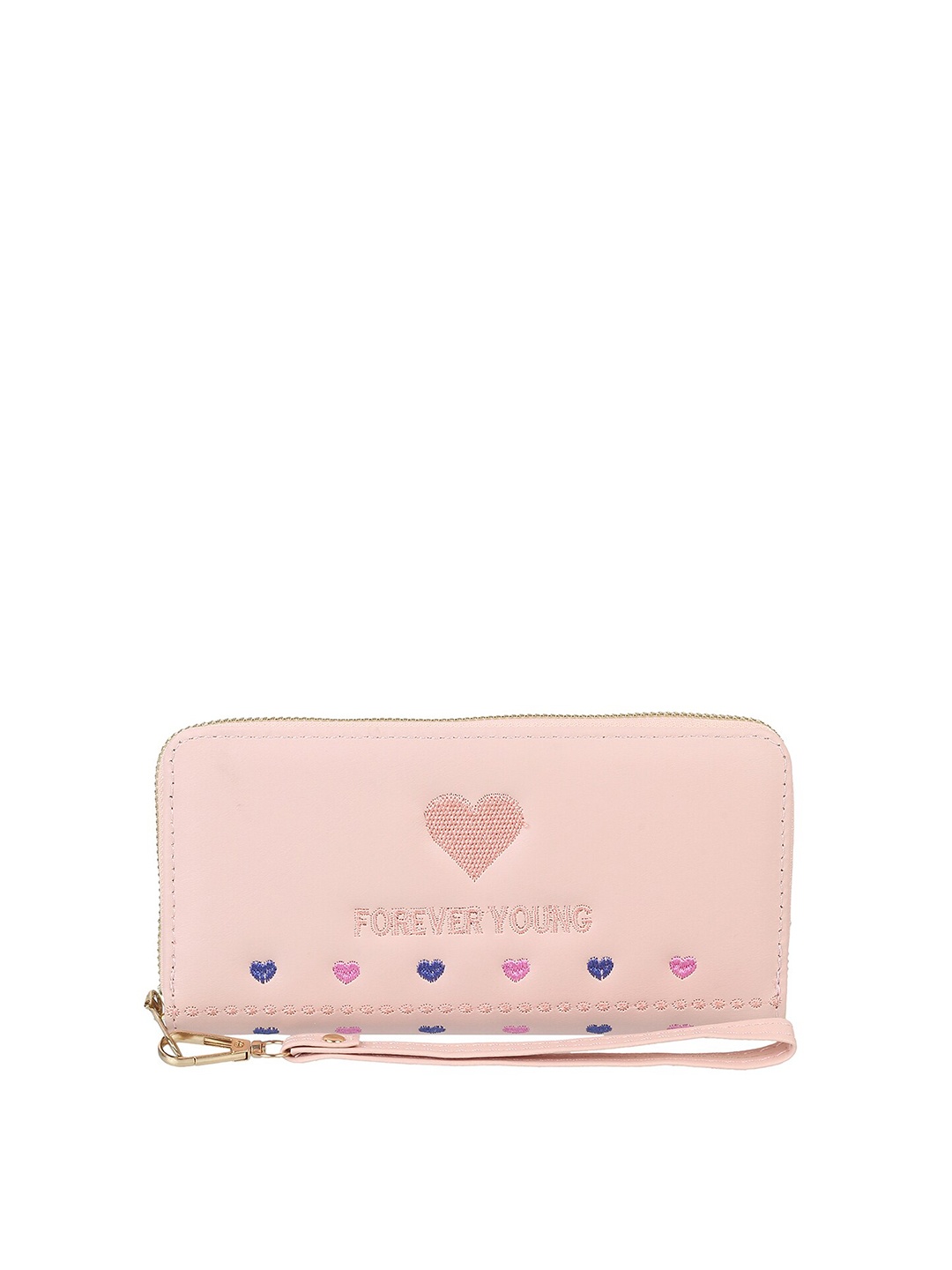 

WALKWAY by Metro Women Peach-Coloured & Blue Textured Embroidered Zip Around Wallet