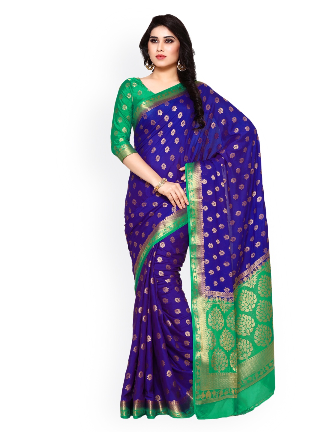 

MIMOSA Navy Blue Poly Crepe Woven Design Kanjeevaram Saree