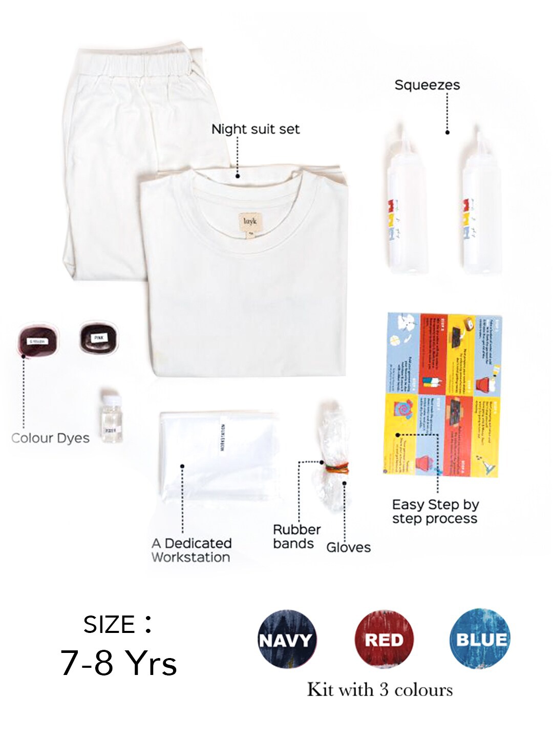 

luyk Kids Red & White Tie & Dyed DIY Night Suit Kit, Navy blue