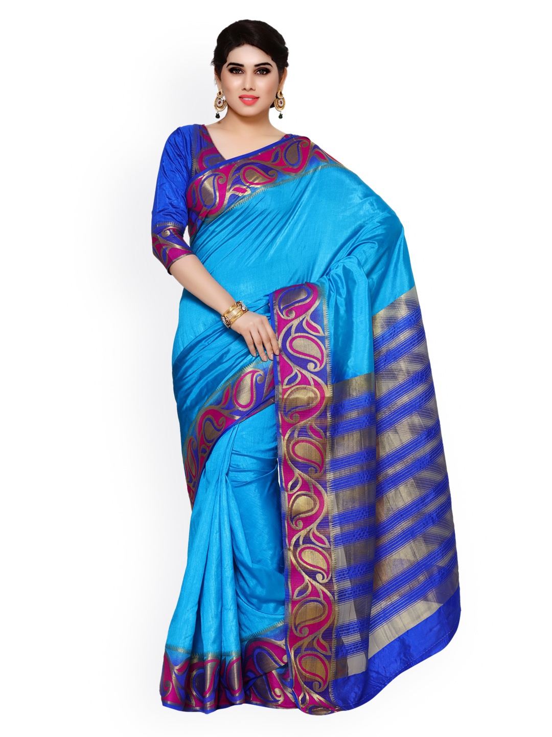 

MIMOSA Blue Art Silk Solid Kanjeevaram Saree