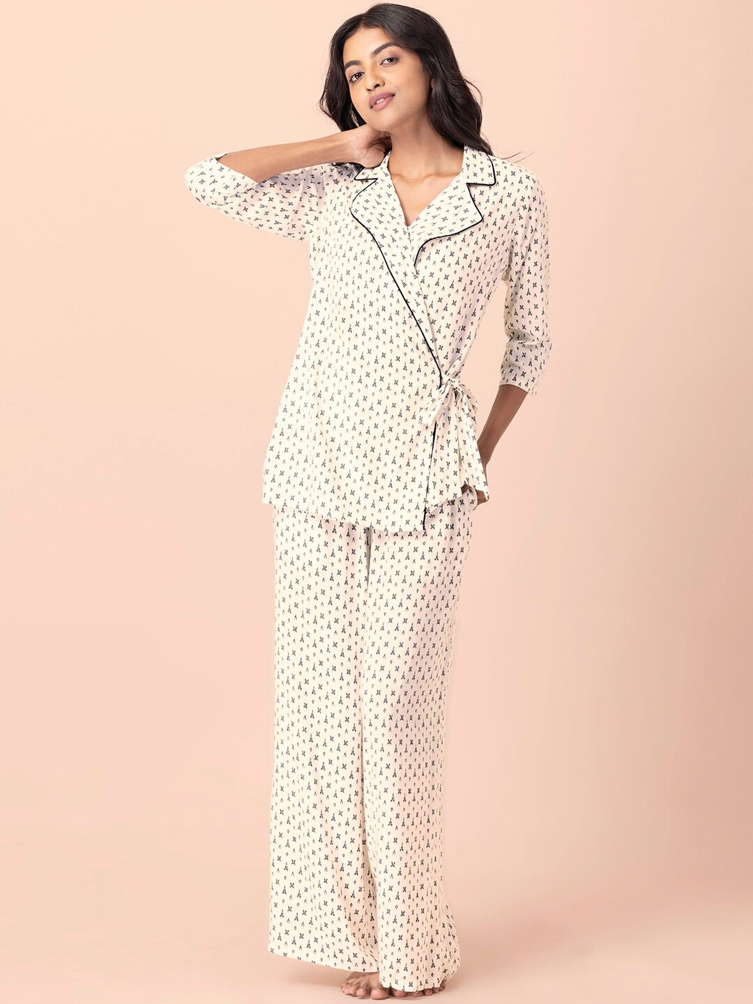 

INDYA Women White & Black Printed Conversational Night suit