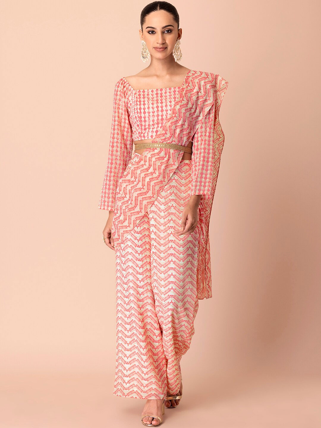 

INDYA Women Printed Top And Palazzos With Attached Dupatta And Belt, Pink