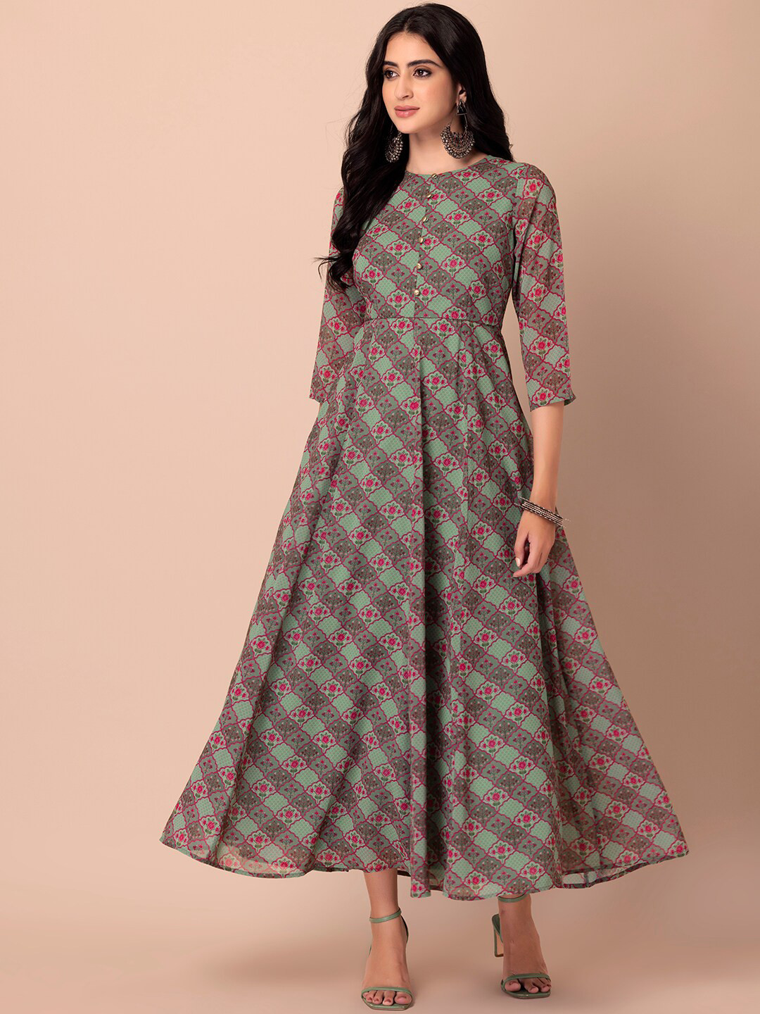 

INDYA Floral Printed Anarkali Kurta, Green