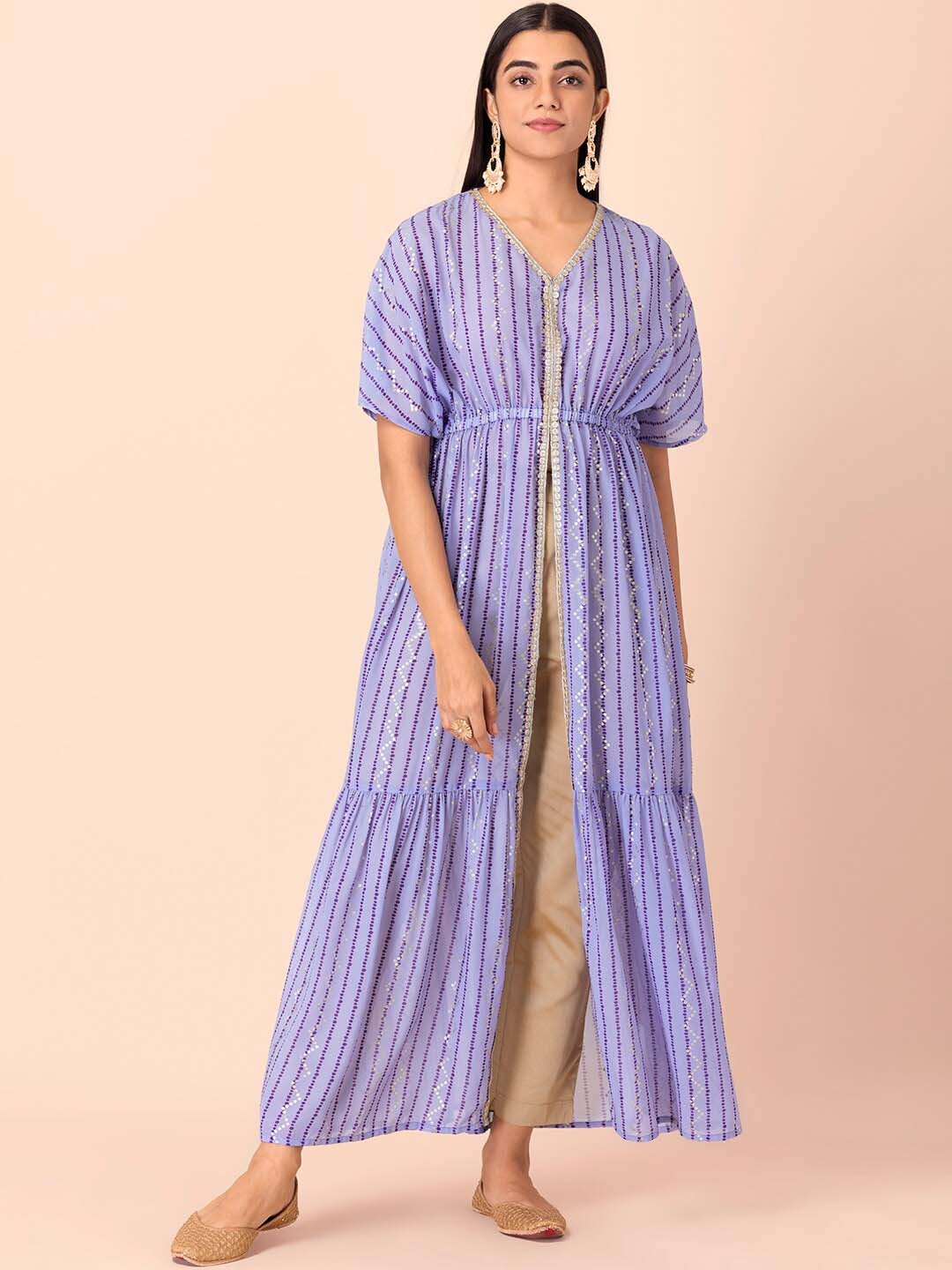 

Rang by Indya Geometric Printed Flared Sleeves Gotta Patti Georgette Kurta, Purple