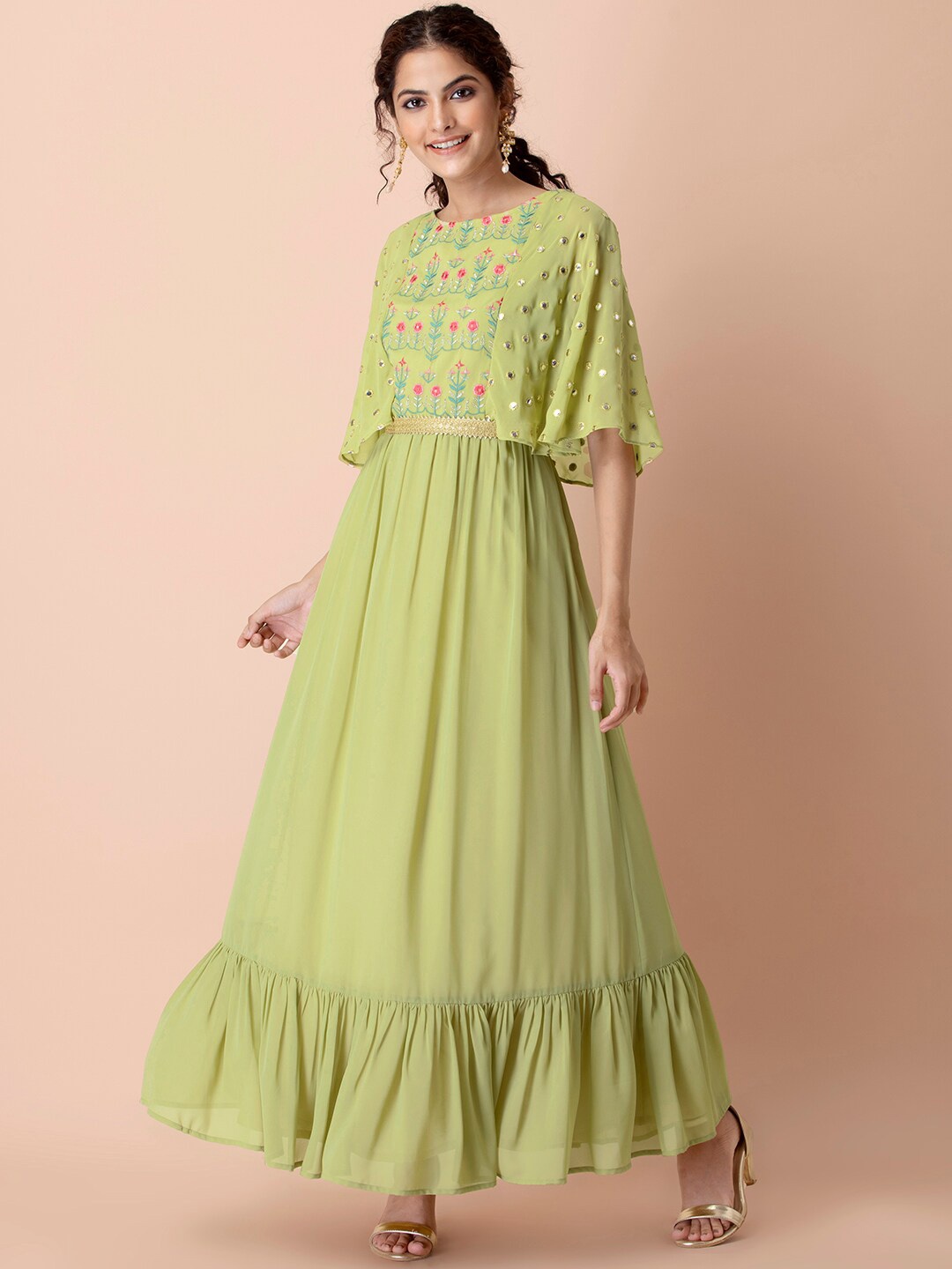 

INDYA Women Green & Blue Floral Embroidered Thread Work Georgette Kurta