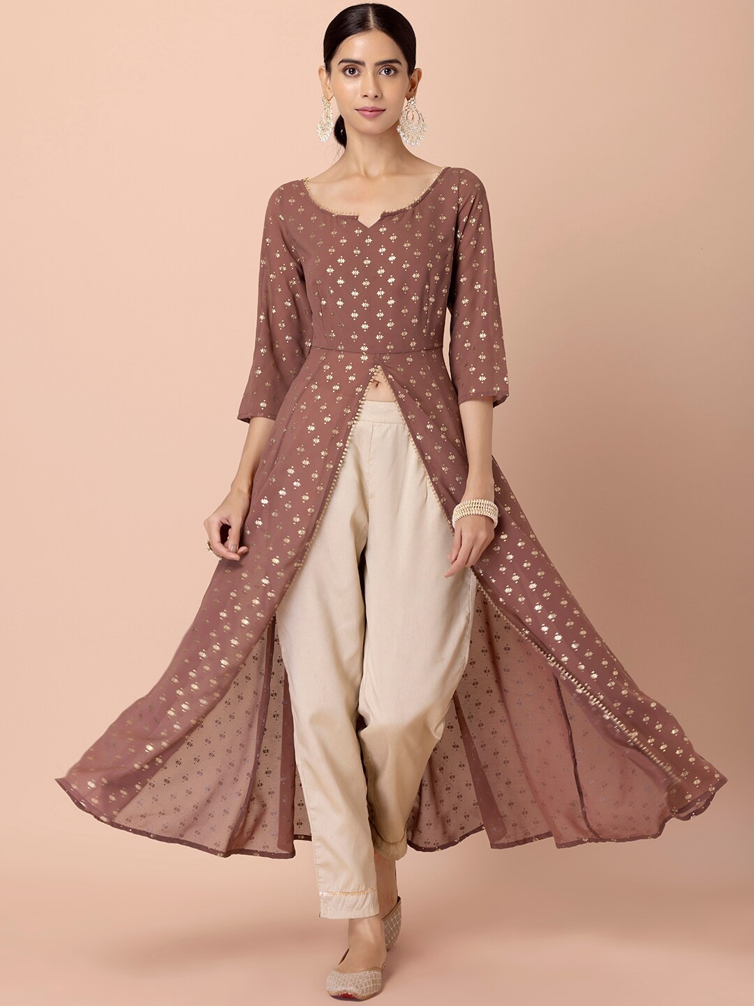 

INDYA Round Neck Ethnic Motifs Printed Kurta, Brown