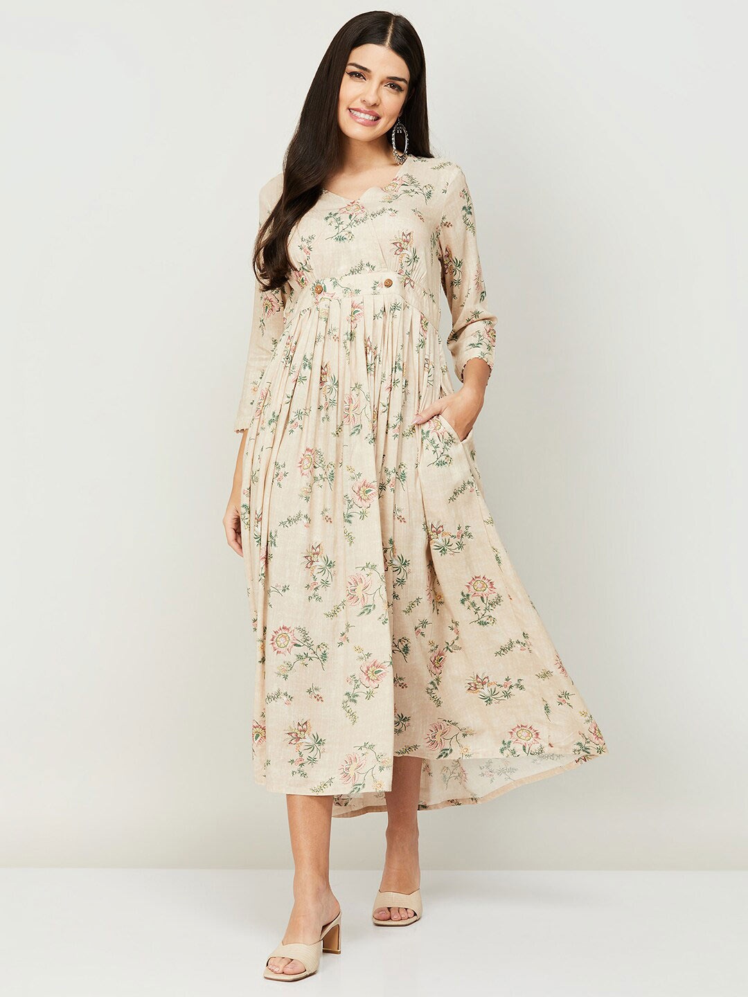

Colour Me by Melange Women Beige Floral A-Line Midi Dress