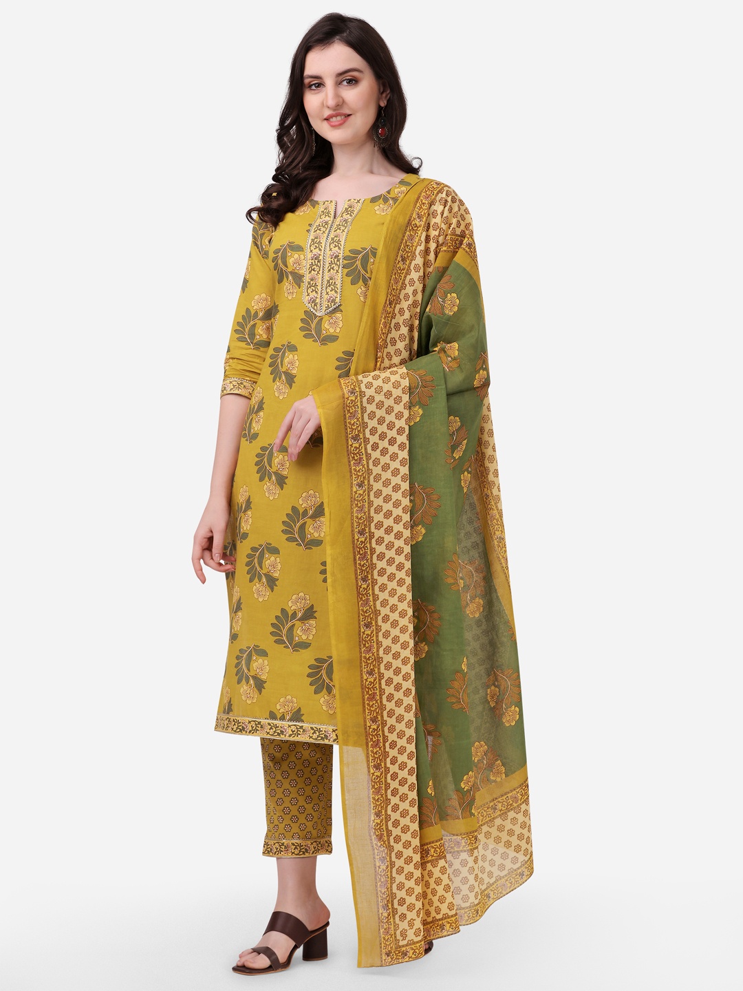 

MIRCHI FASHION Women Mustard Yellow Floral Pure Cotton Kurta With Trousers & Dupatta