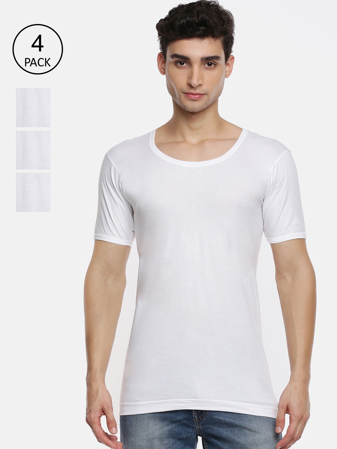 

Ramraj Men Pack Of 4 White Solid Pure Cotton Innerwear Gym Vests