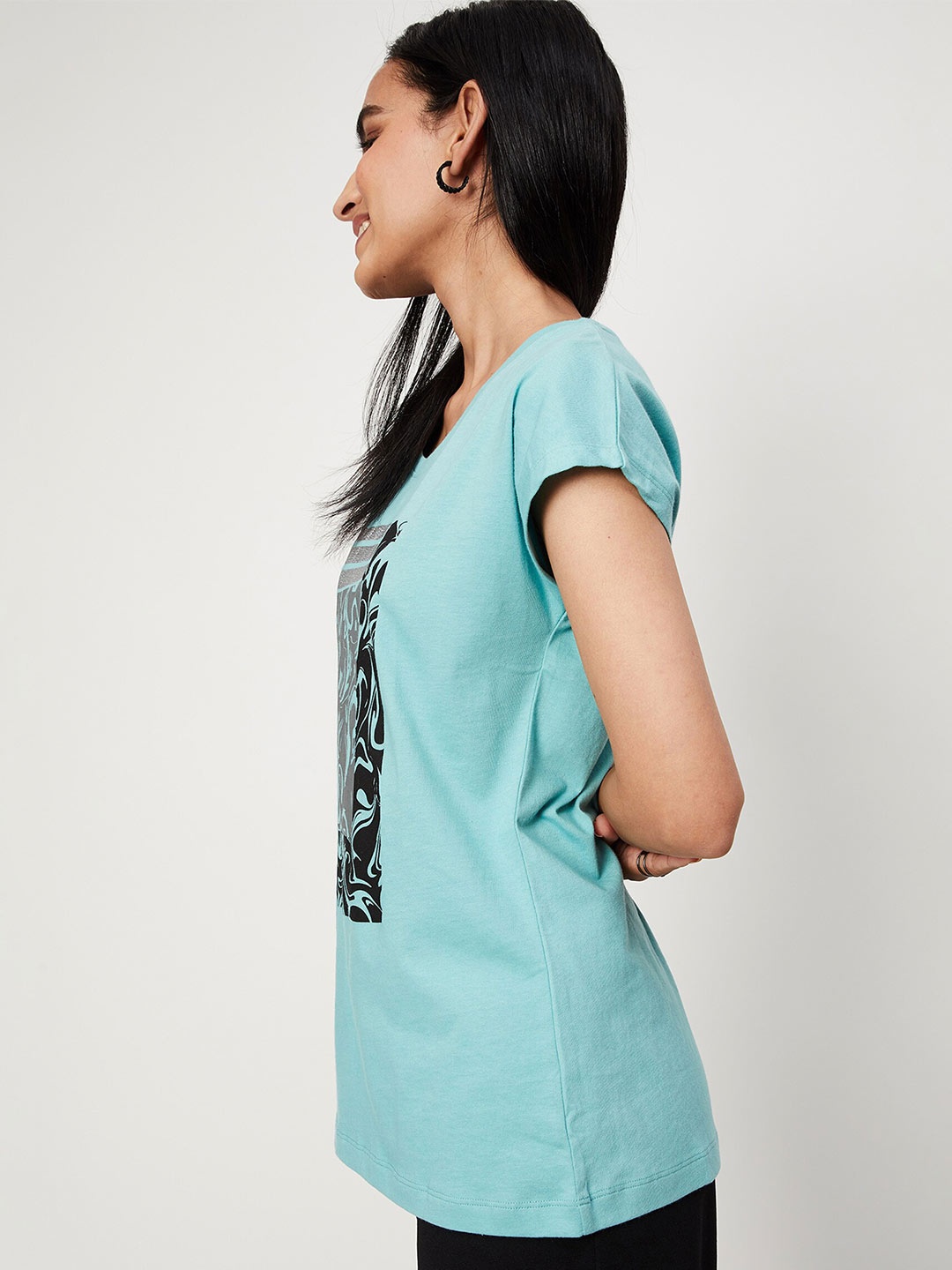 

max Women Green Print Extended Sleeves Pure Cotton Top