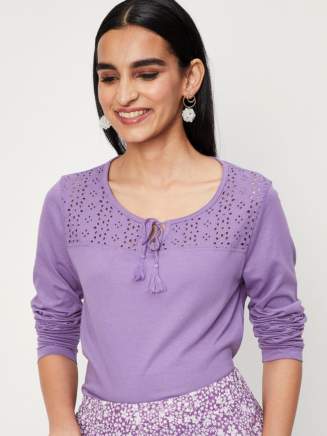 

max Women Purple Tie-Up Neck Longline Pure Cotton Top