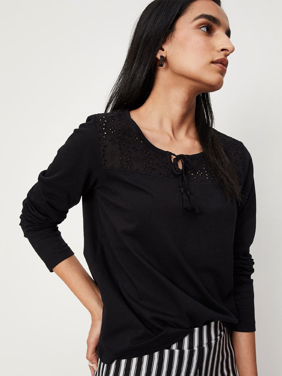 

max Black Tie-Up Neck Pure Cotton Top
