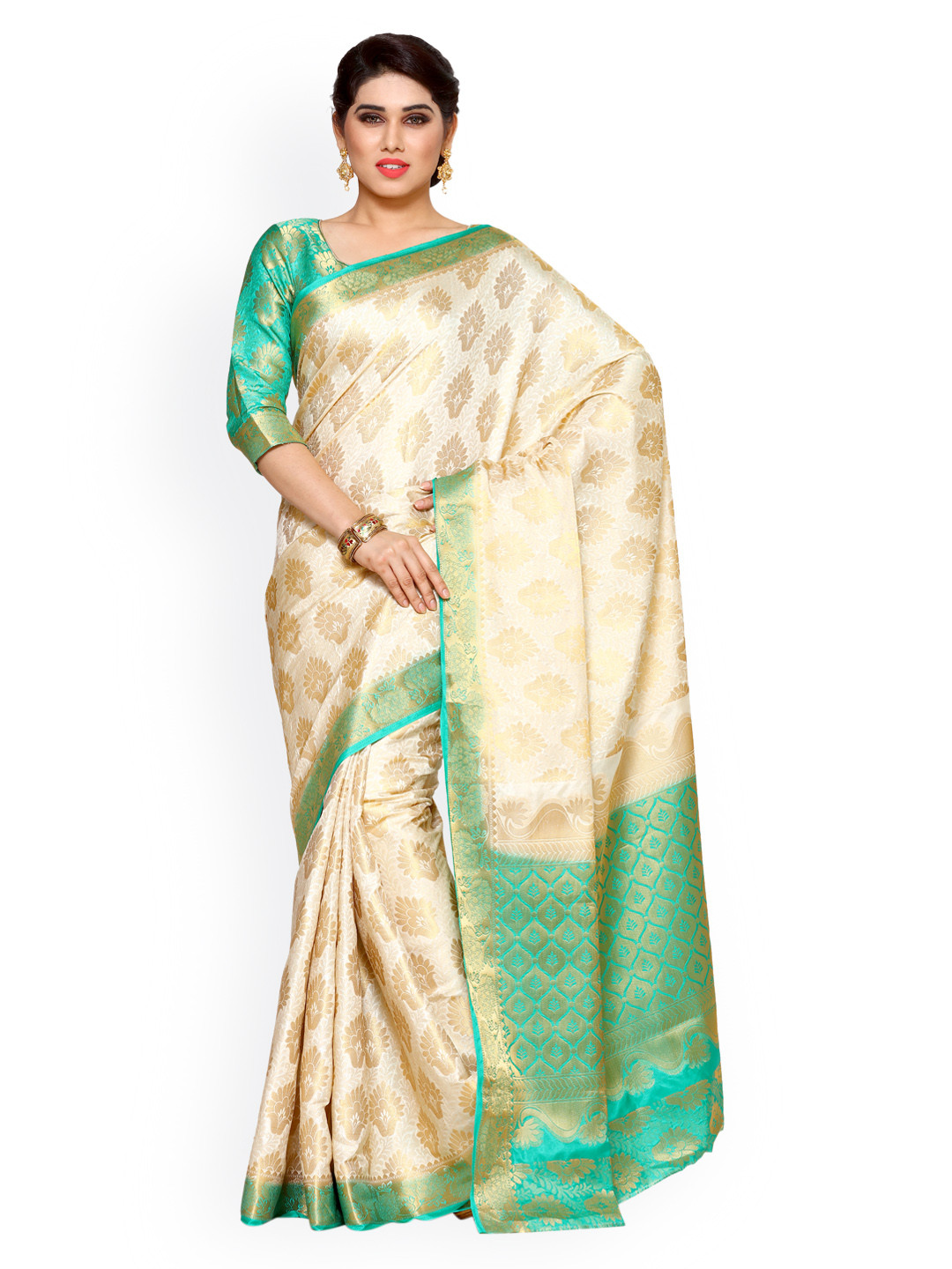 

MIMOSA Beige & Green Art Silk Woven Design Kanjeevaram Saree
