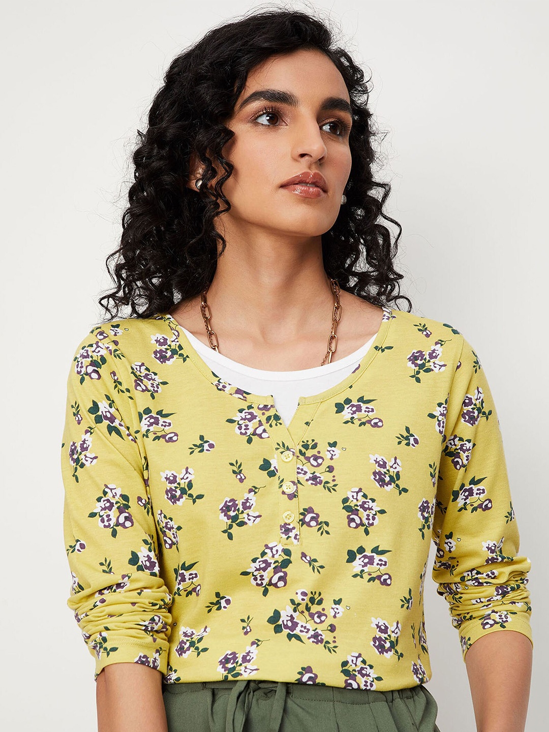 

max Yellow & Green Pure Cotton Floral Print Top