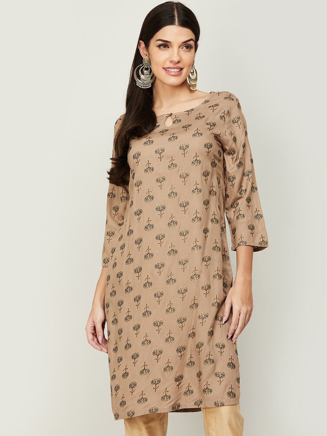 

Melange by Lifestyle Keyhole Neck Ethnic Motifs Printed Kurta, Beige