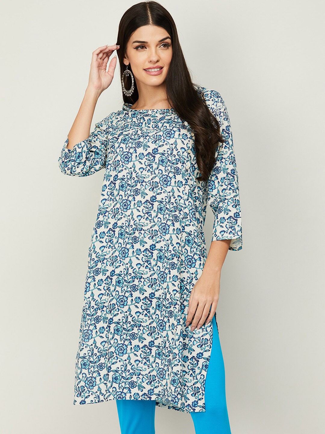 

Melange by Lifestyle Floral Printed Boat Neck Kurta, Blue