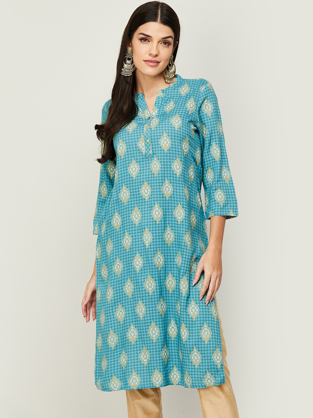 

Melange by Lifestyle Mandarin Collar Ethnic Motifs Printed Kurta, Teal