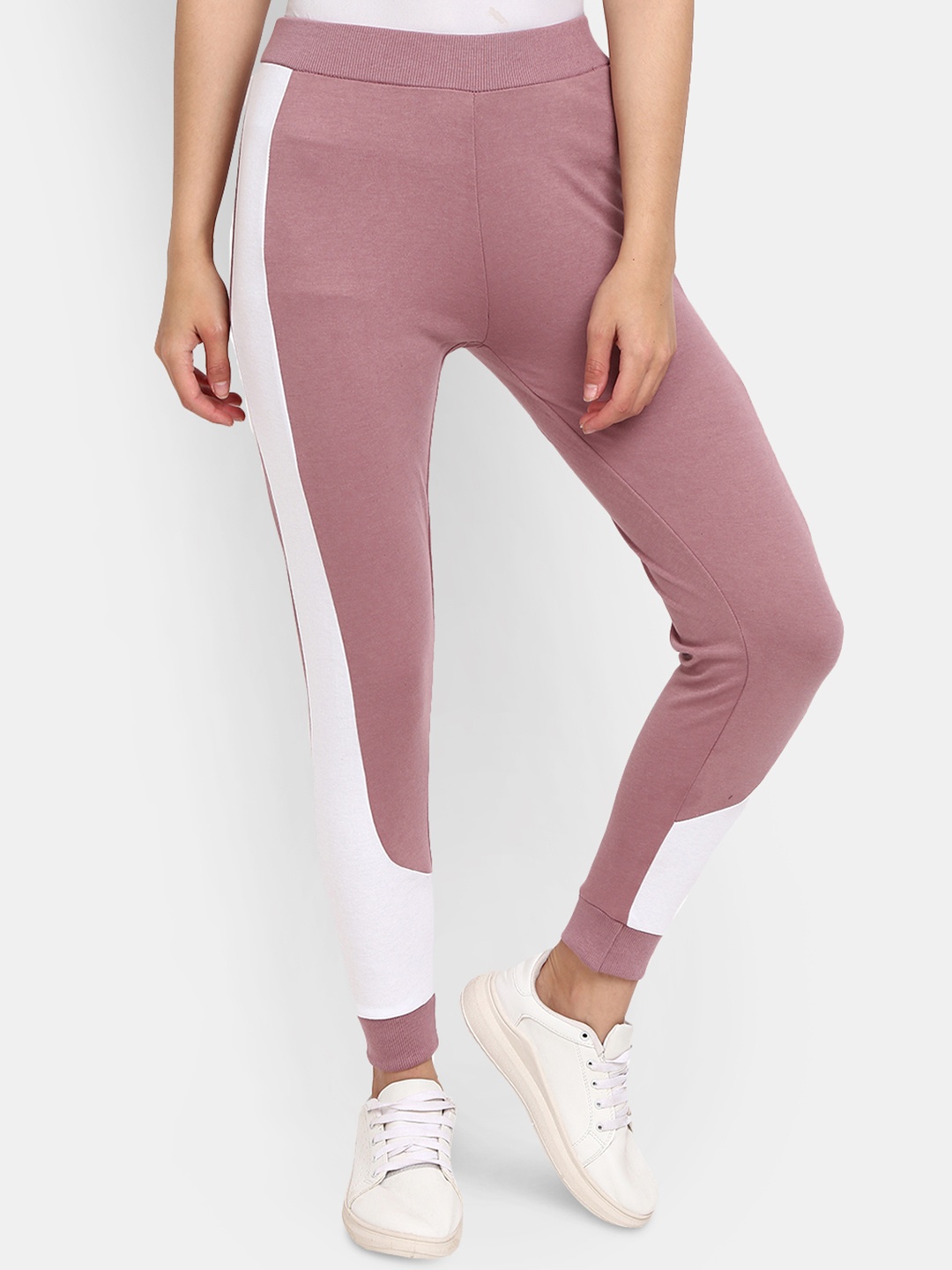 

V-Mart Women Mauve & White Colourblocked Cotton Interlock Track Pant