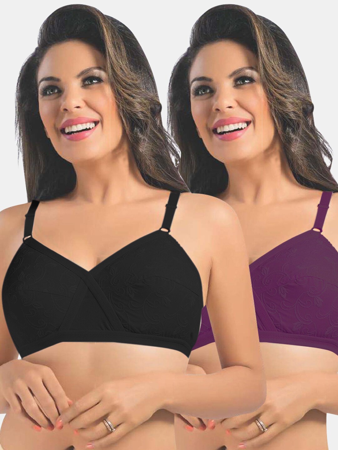 

Sonari Pack of 2 Purple & Black Non Padded Pure Cotton Regular Bra