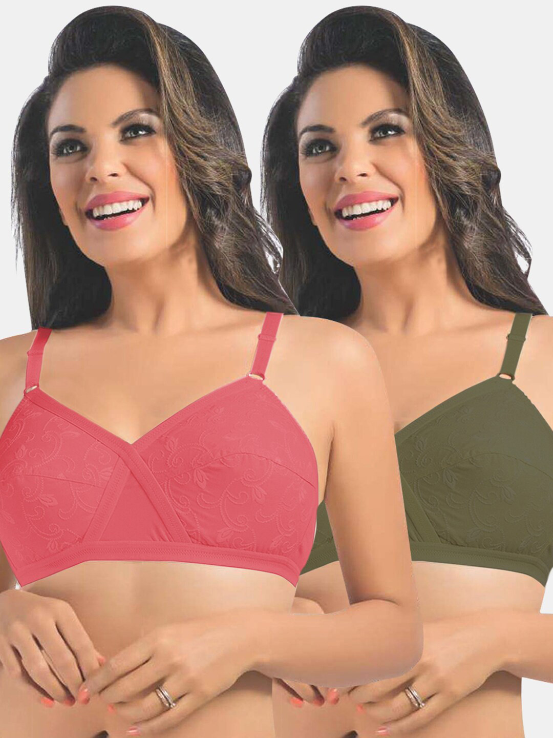 

Sonari Coral & Olive Green Floral 2 Everyday Pure Cotton Bra uniquecoralolive32D