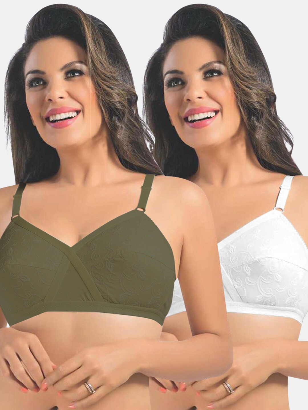 

Sonari White & Olive Green 2 Everyday Floral Pure Cotton Bra uniqueolivewhite32D
