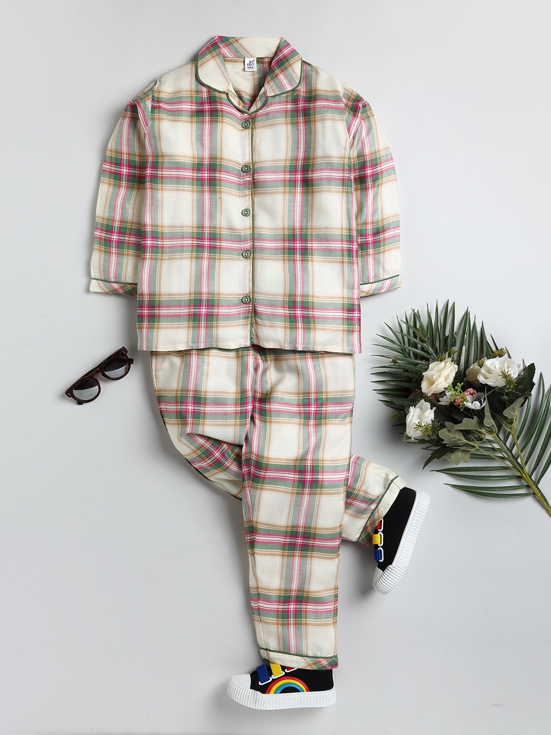 

Clt s Unisex Kids Cream-Coloured & Pink Checked Night suit