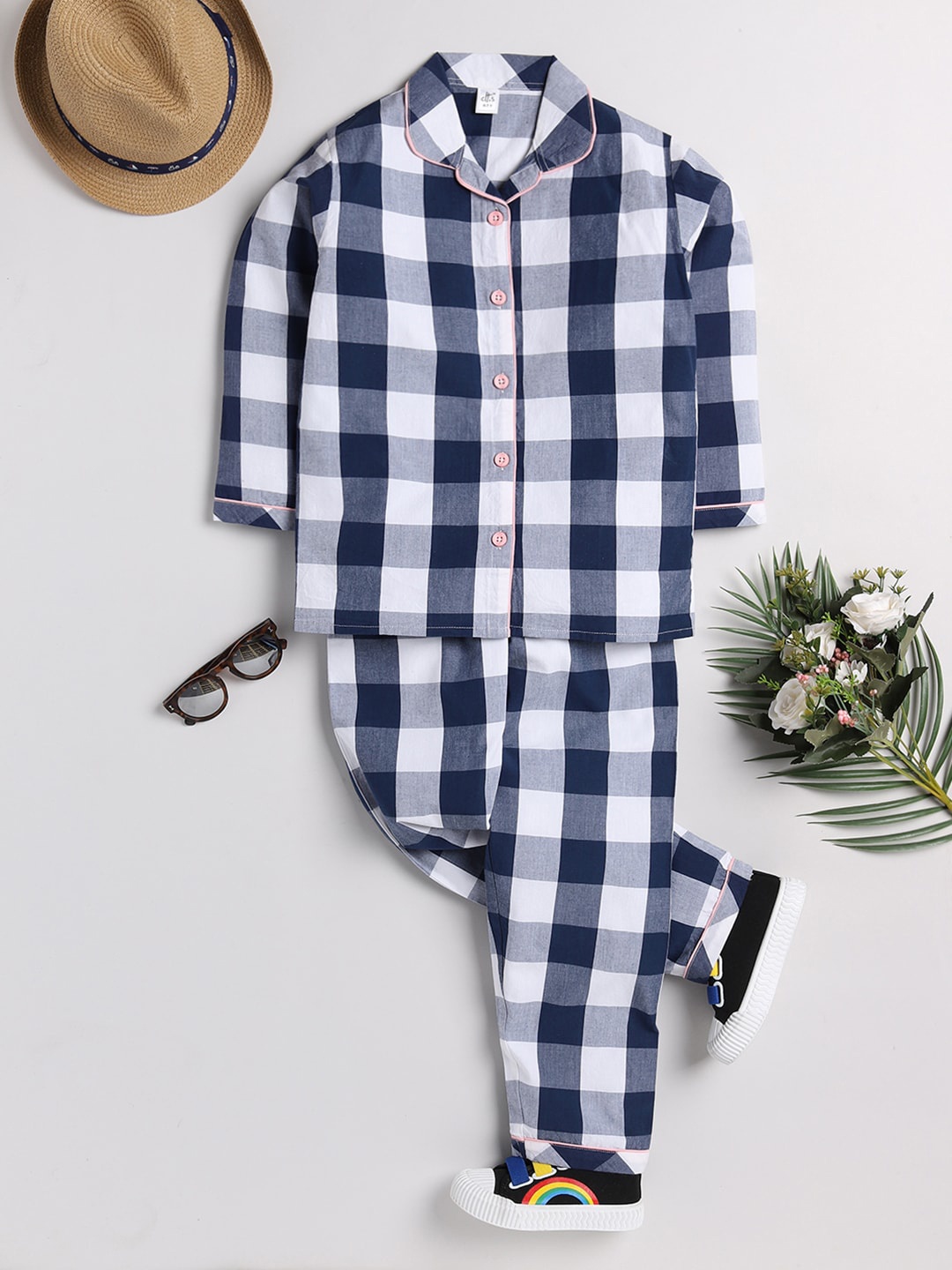 

Clt s Unisex Kids Blue & White Checked Pure Cotton Night suit