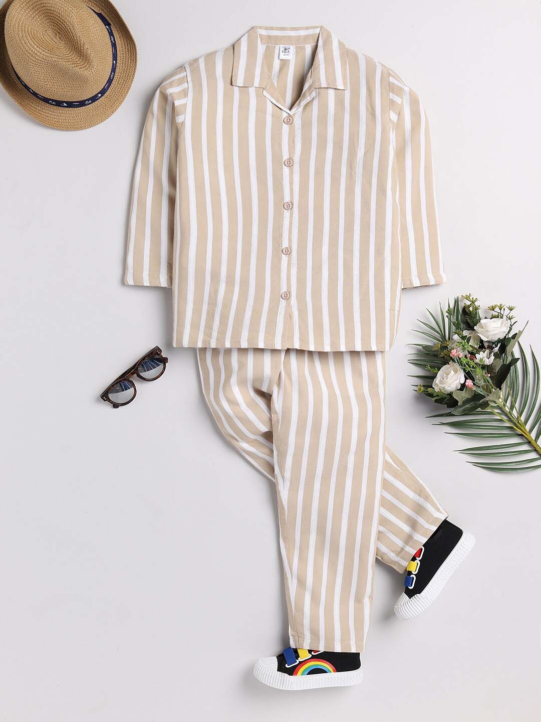 

Clt s Unisex Kids Beige & White Striped Pure Cotton Night suit