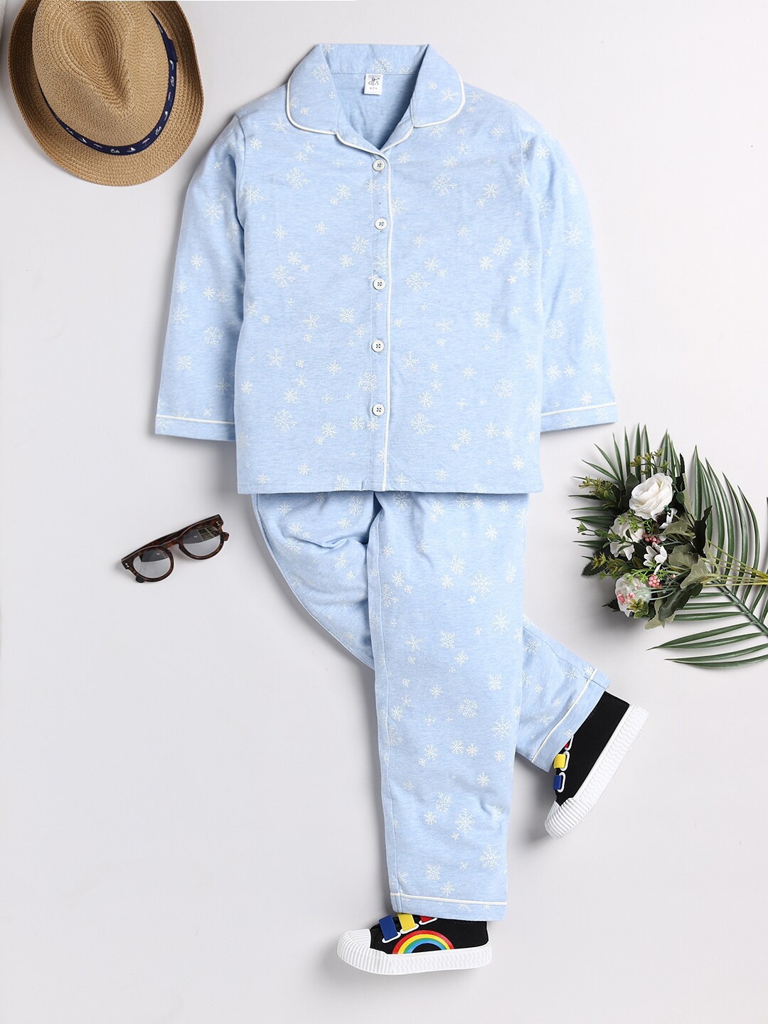 

Clt s Unisex Kids Blue & White Printed Pure Cotton Night suit