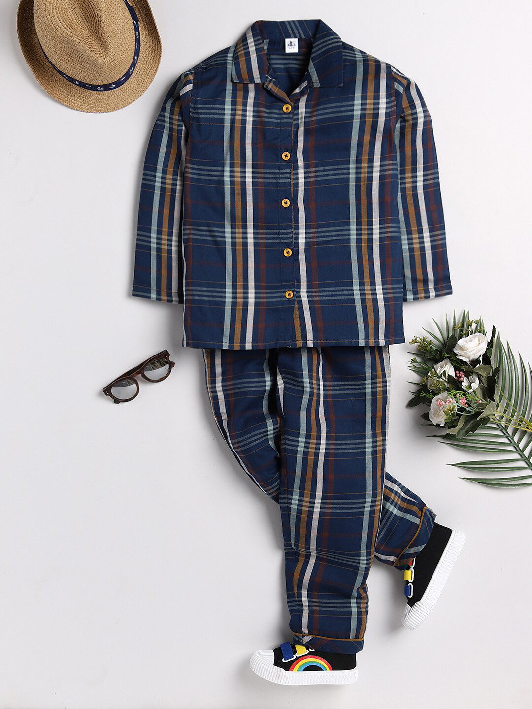 

Clt.s Unisex Kids Blue & White Checked Pure Cotton Nightsuit