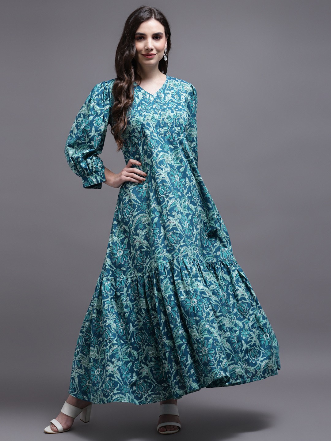 

KALINI Floral Print Puff Sleeve Fit & Flare Maxi Dress, Green