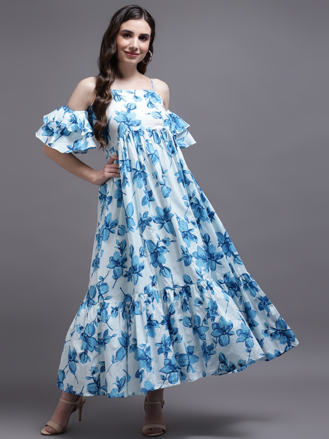 

KALINI Women Blue & White Floral Off-Shoulder Maxi Dress