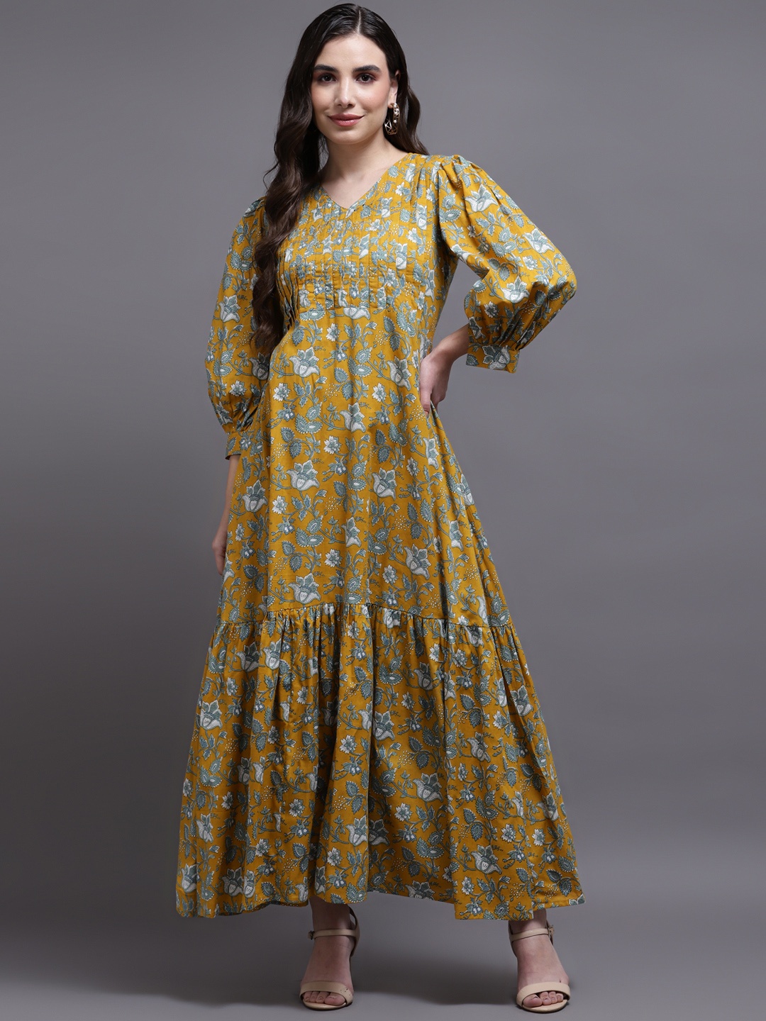 

KALINI Women Mustard Yellow Floral V-Neck Maxi Dress