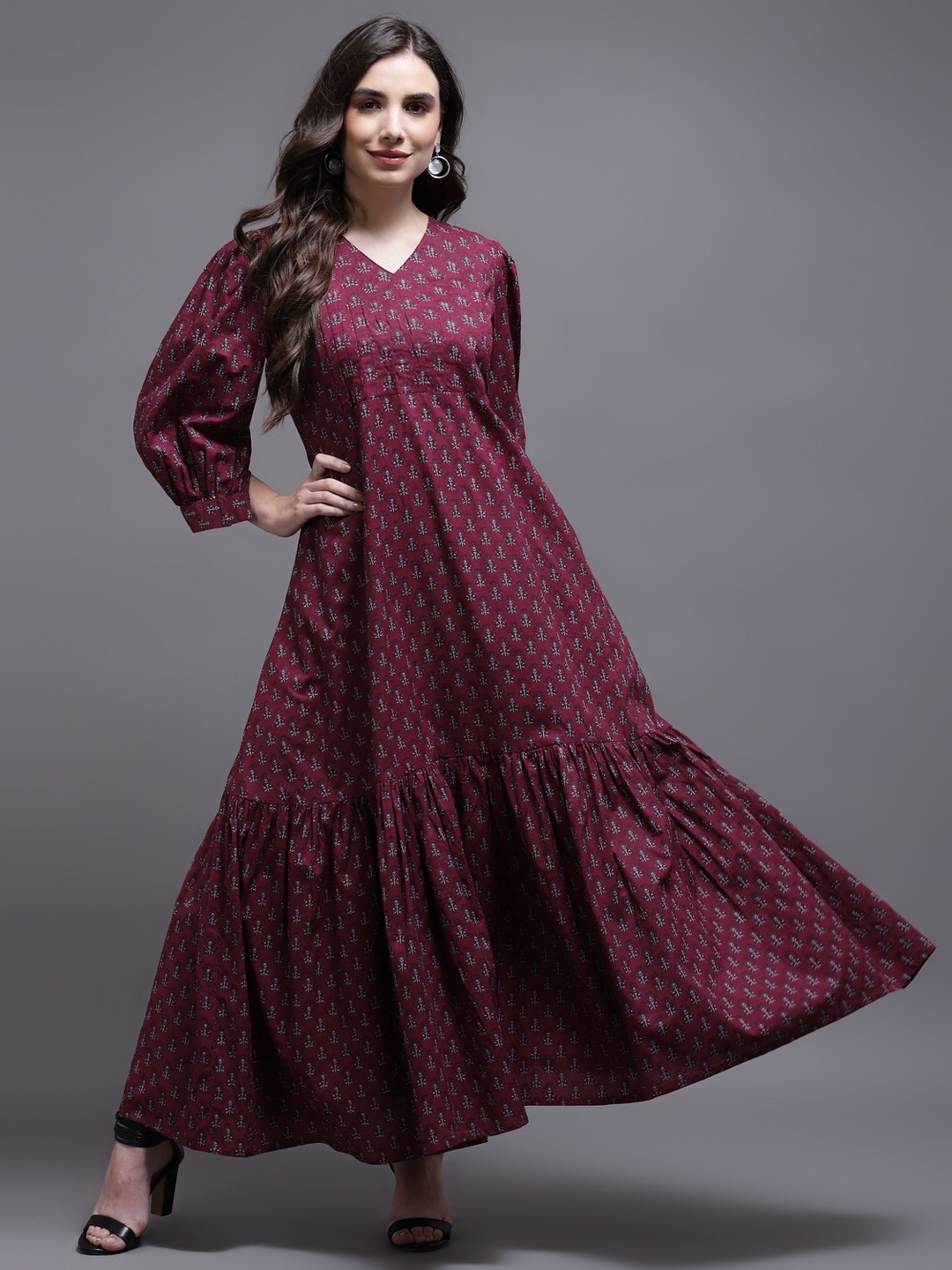 

KALINI Maroon Ethnic Motifs A-Line Maxi Dress