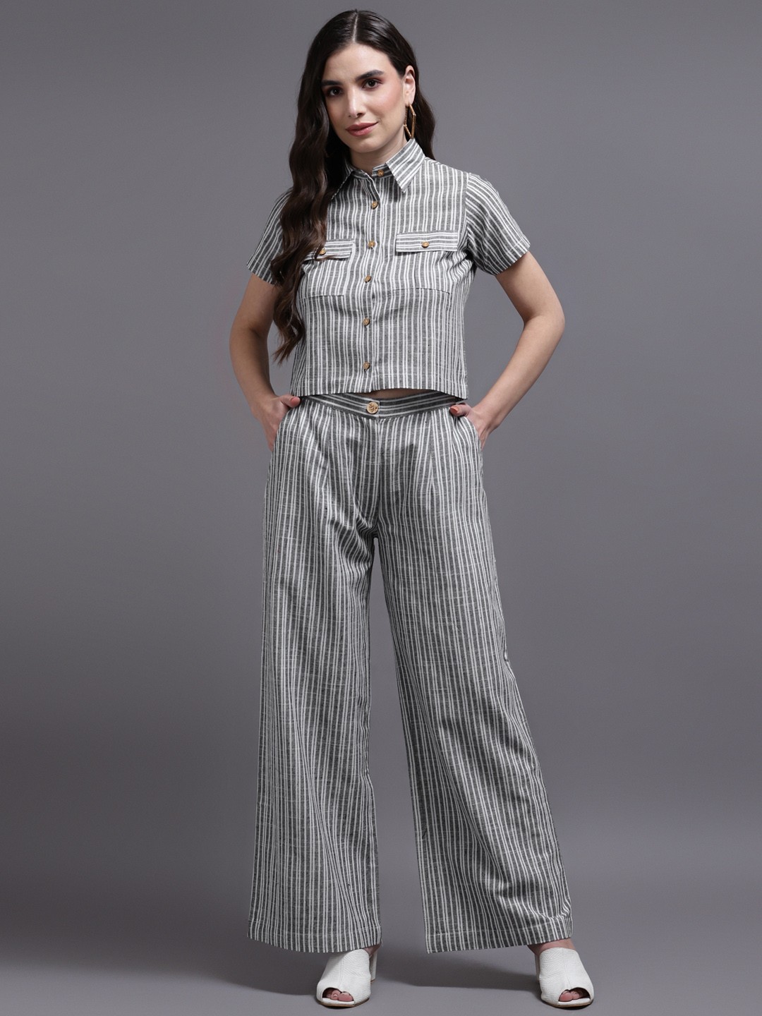 

KALINI Women Grey Striped Pure Cotton Co-Ords