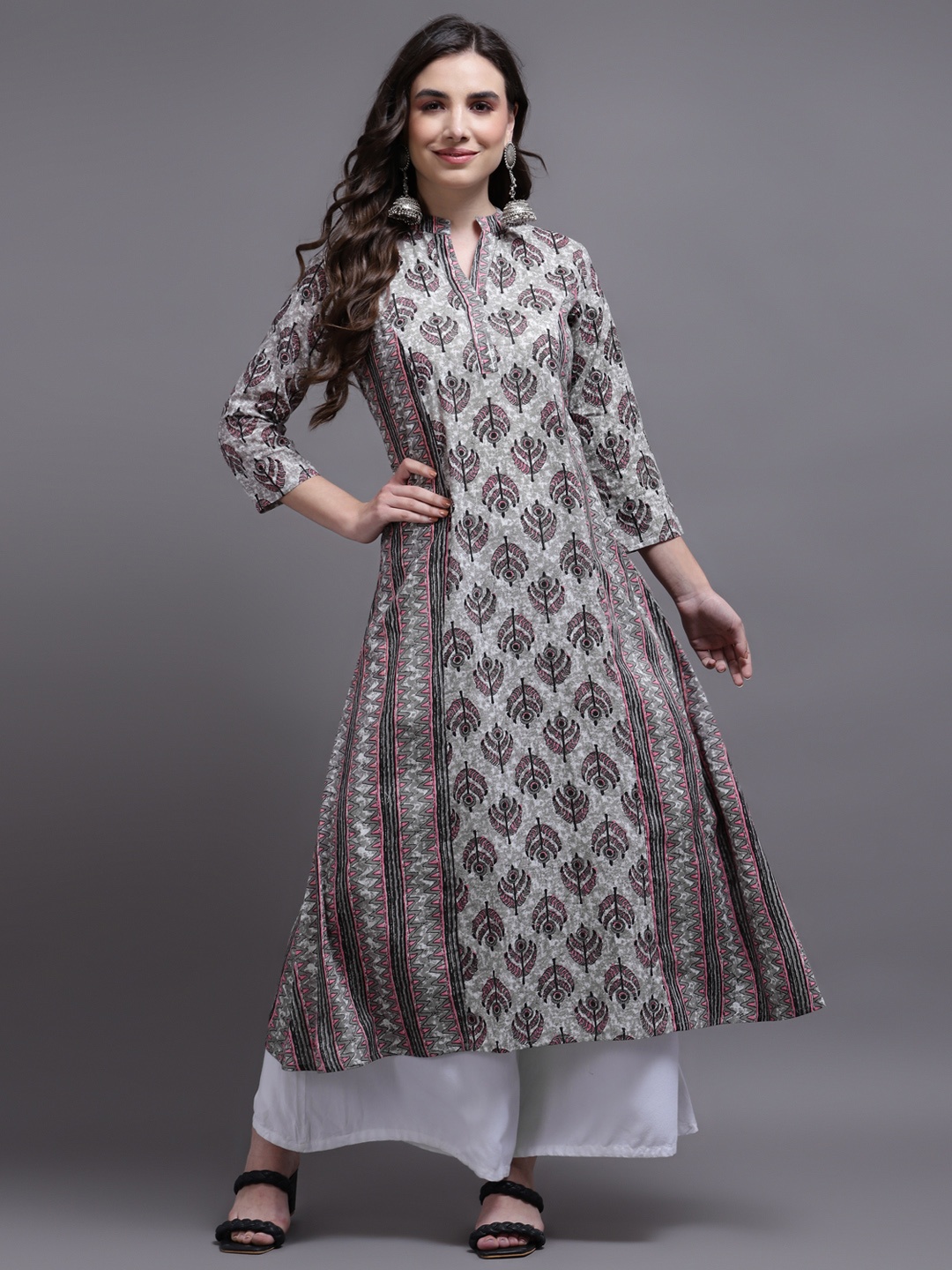 

KALINI Printed A-Line Cotton Kurta, Grey