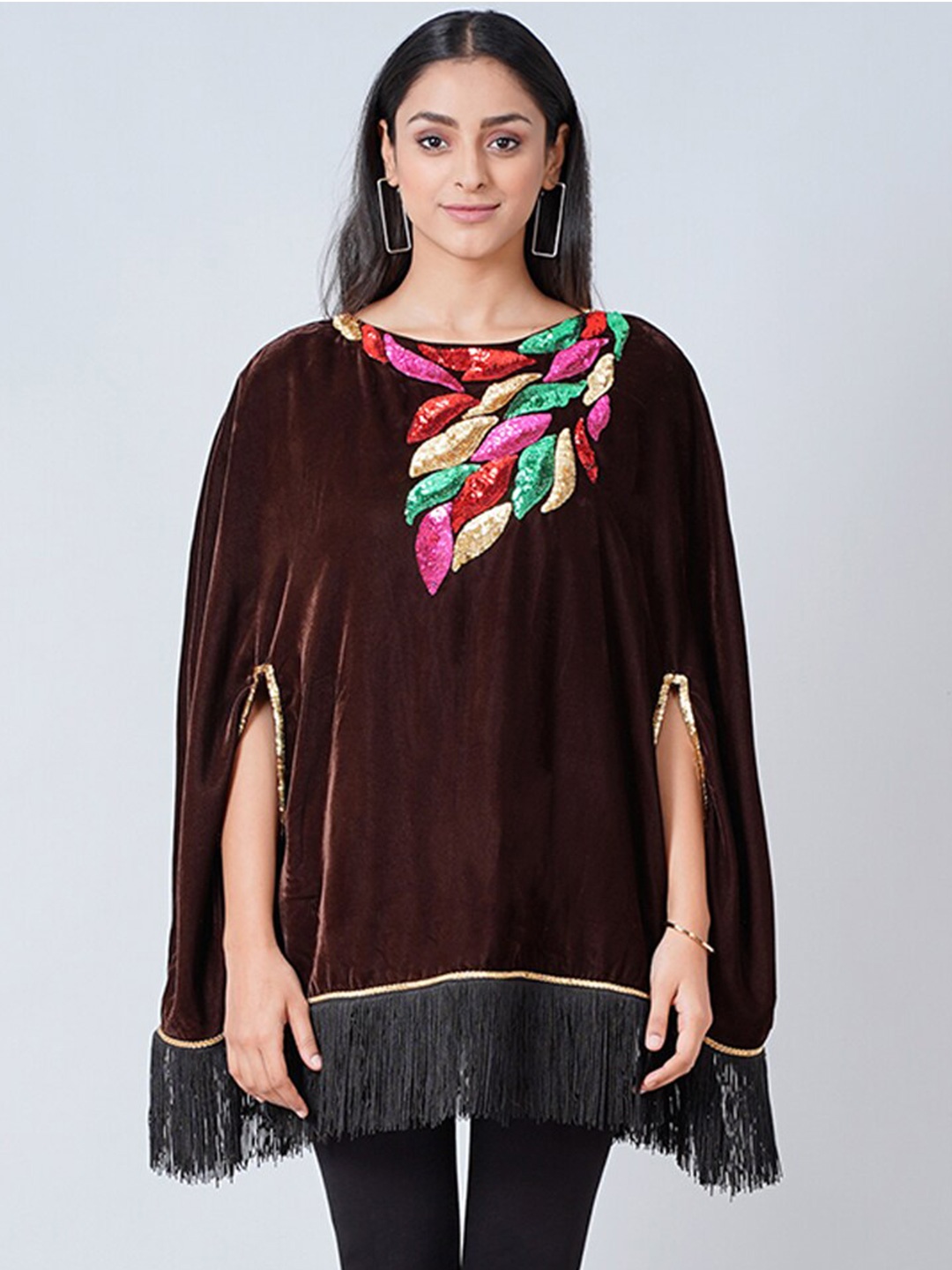 

First Resort by Ramola Bachchan Floral Embellished Sequinned Velvet Poncho Sweater, Brown