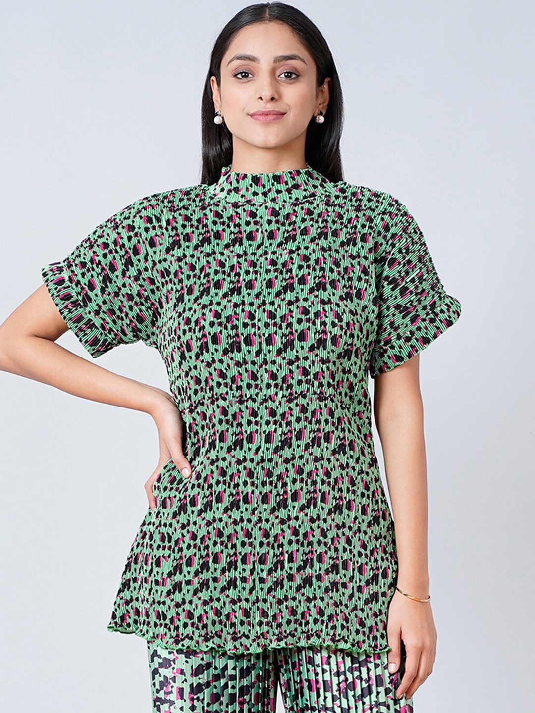 

First Resort by Ramola Bachchan Green Animal Printed Satin Top