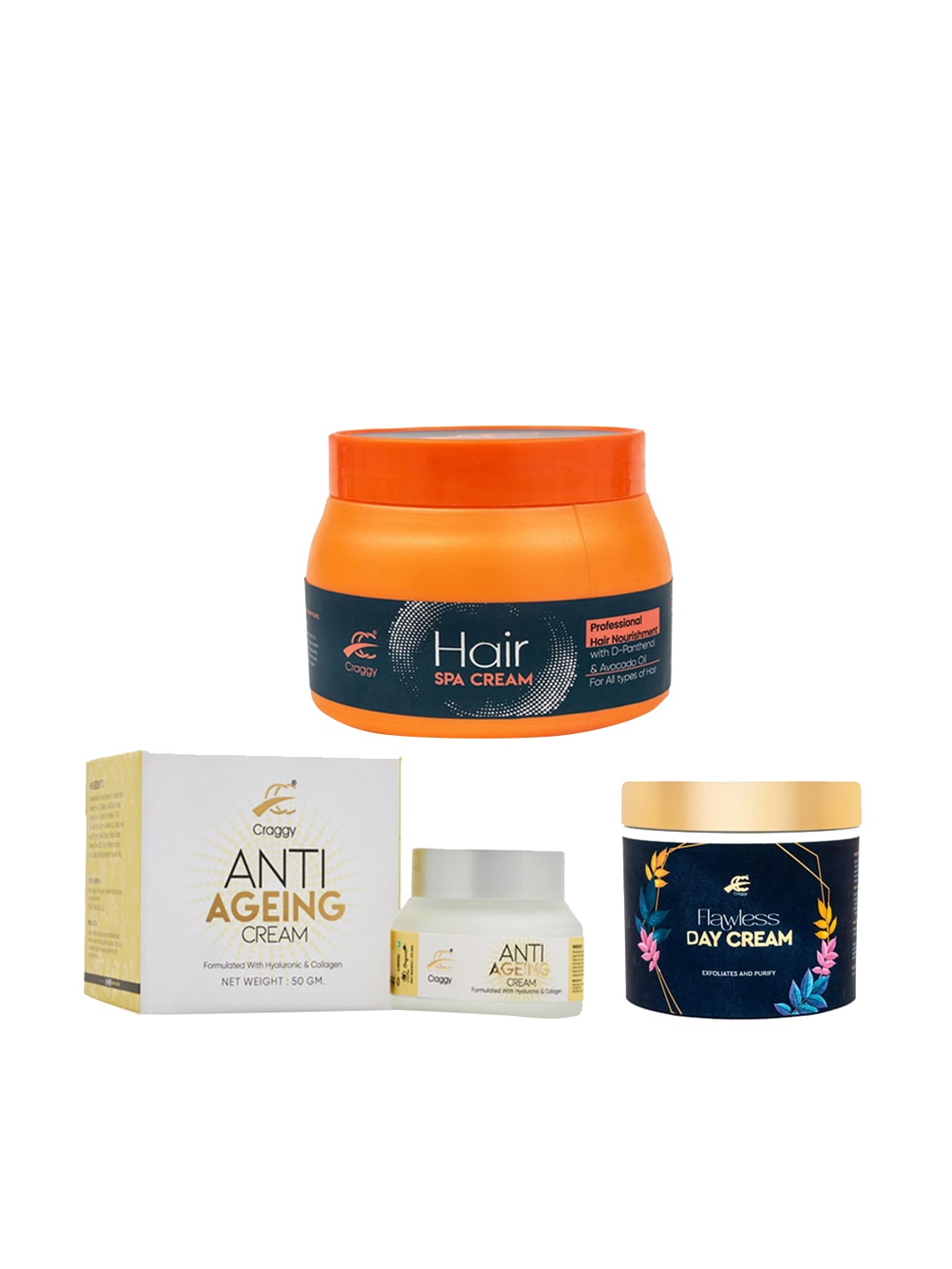 

Craggy Cosmetic Set Of 3 Anti Ageing Cream Hair Spa Cream & Day Cream, Orange