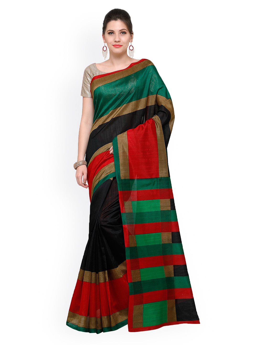 

Saree mall Black & Red Art Silk Striped Bhagalpuri Saree