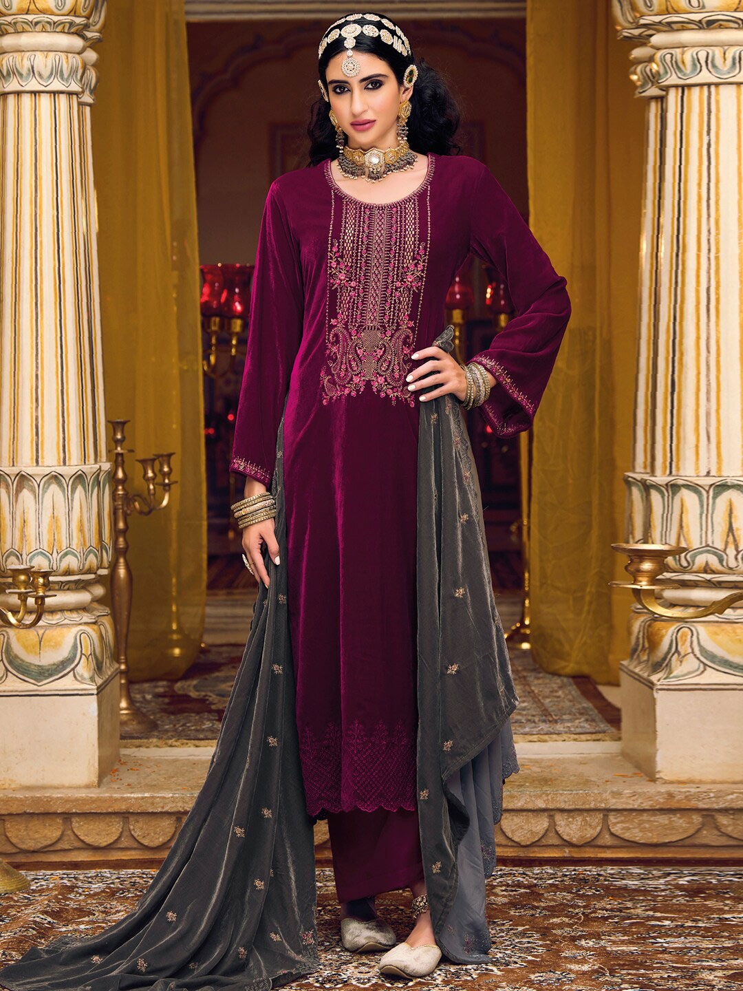 

Stylee LIFESTYLE Magenta & Grey Embroidered Velvet Unstitched Dress Material