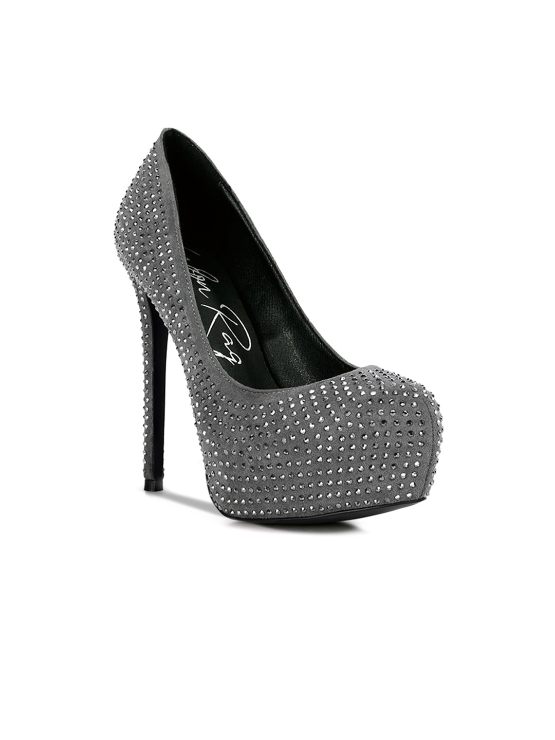 

London Rag Grey Embellished Suede Party Stiletto Pumps