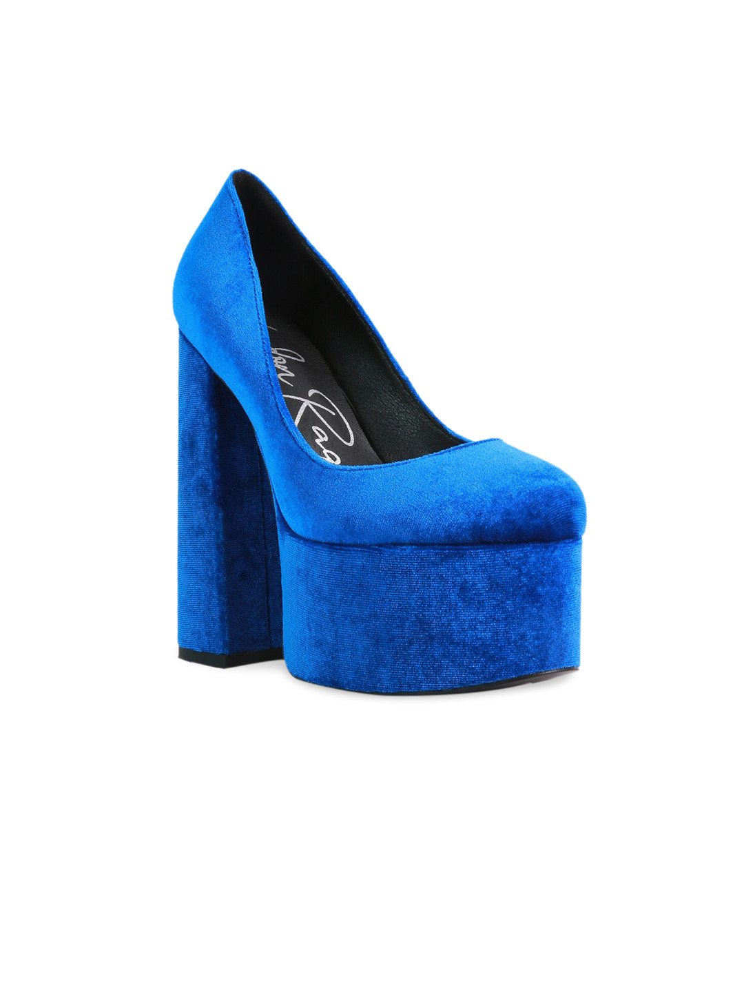 

London Rag Blue Solid Velvet Party Block Pumps Heels