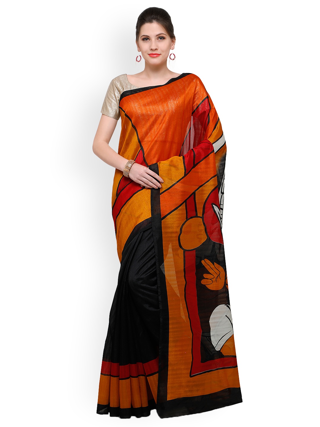 

Saree mall Mustard Yellow & Black Art Silk Printed Bhagalpuri Saree