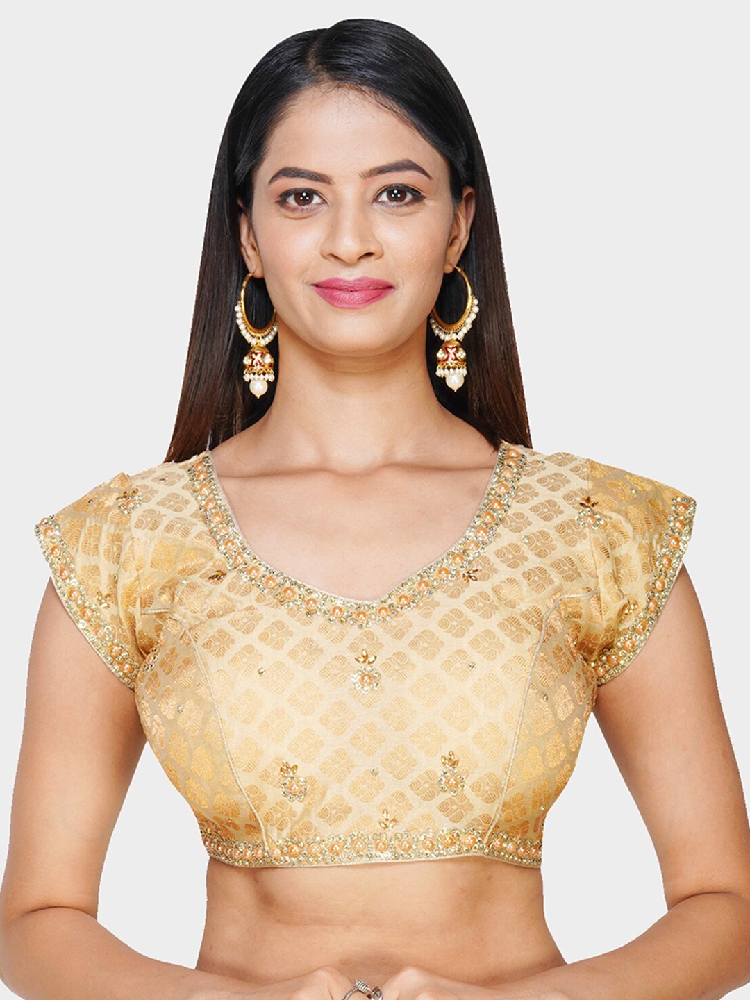 

Trendzmy Beige Embroidered Silk Saree Blouse