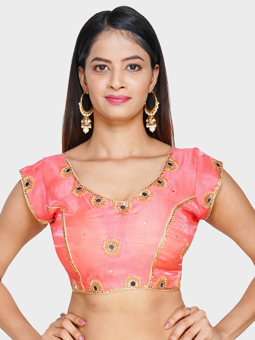 

Trendzmy Peach & Golden Embroidered Silk Saree Blouse
