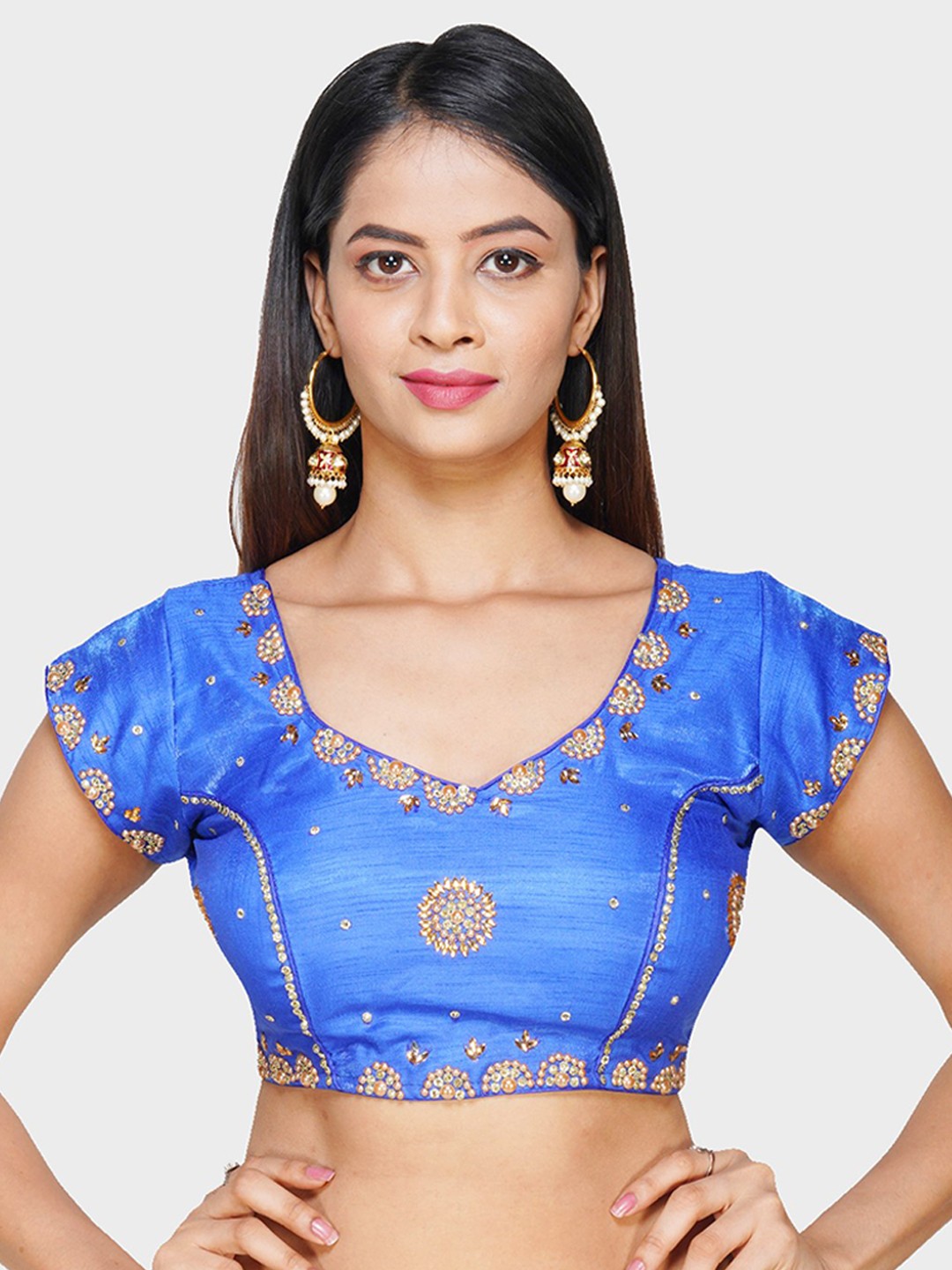 

Trendzmy Blue Embroidered Silk Saree Blouse