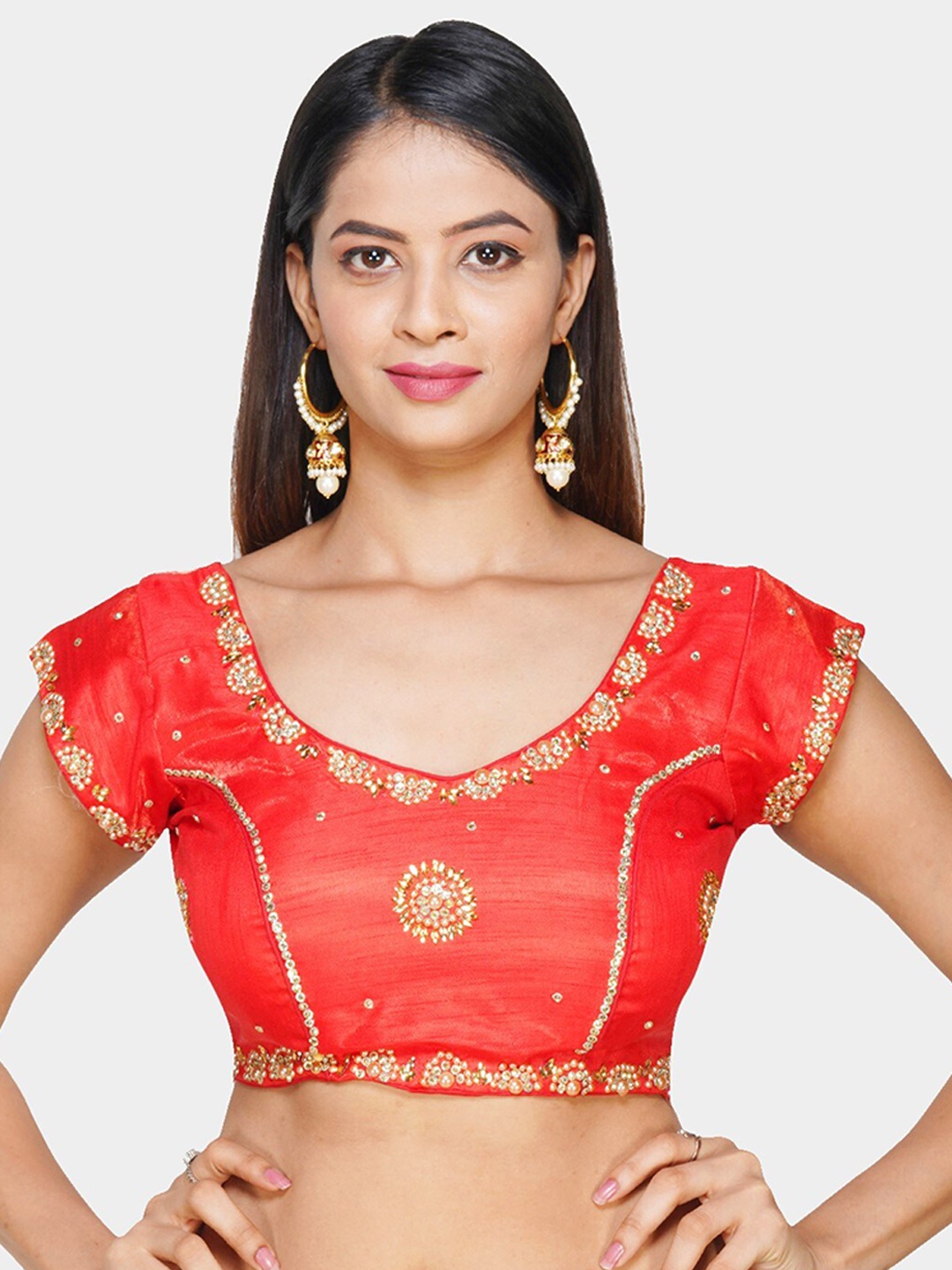 

Trendzmy Red Embroidered Silk Saree Blouse