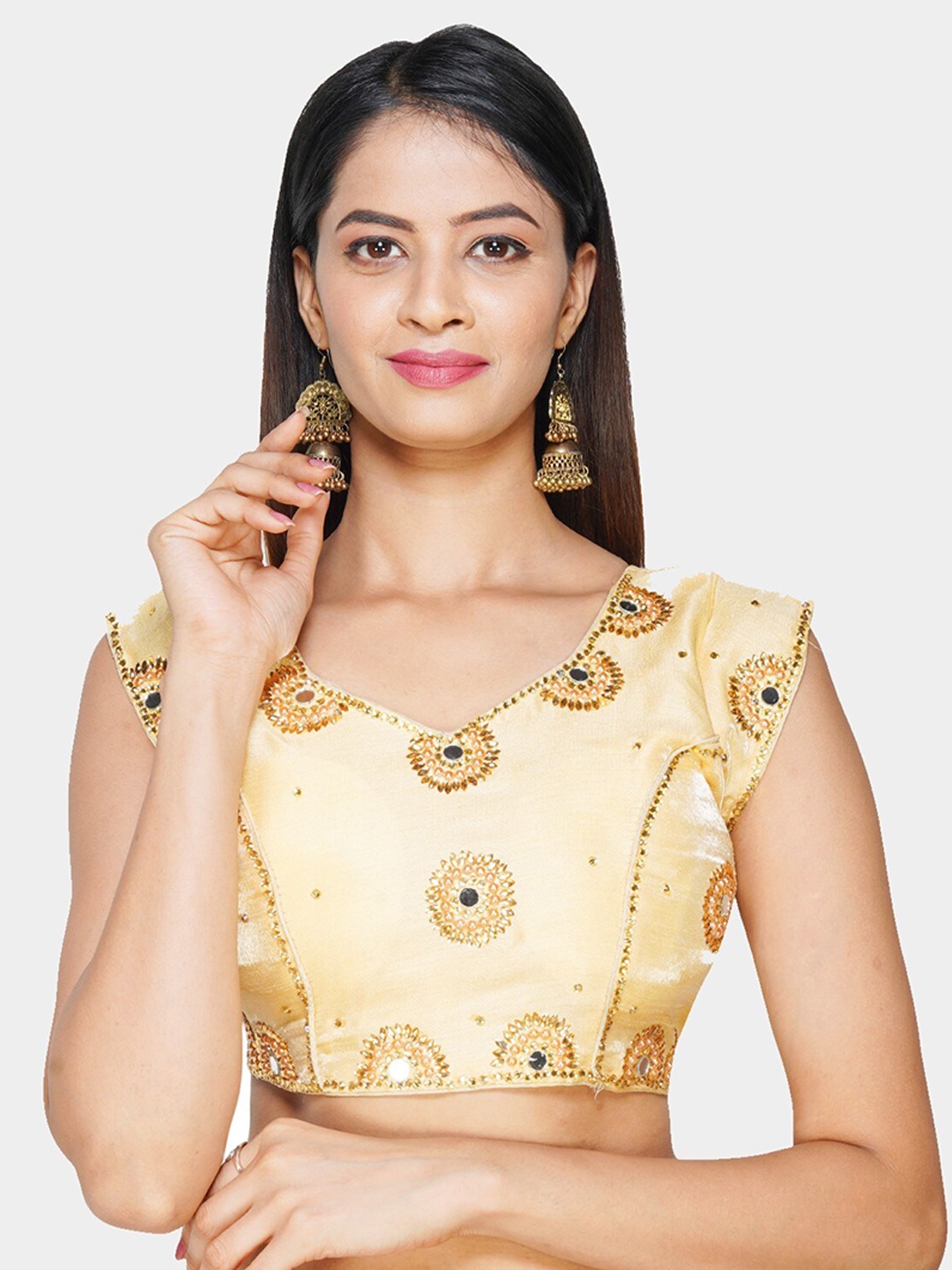 

Trendzmy Women Gold & Beige Embroidered Silk Saree Blouse