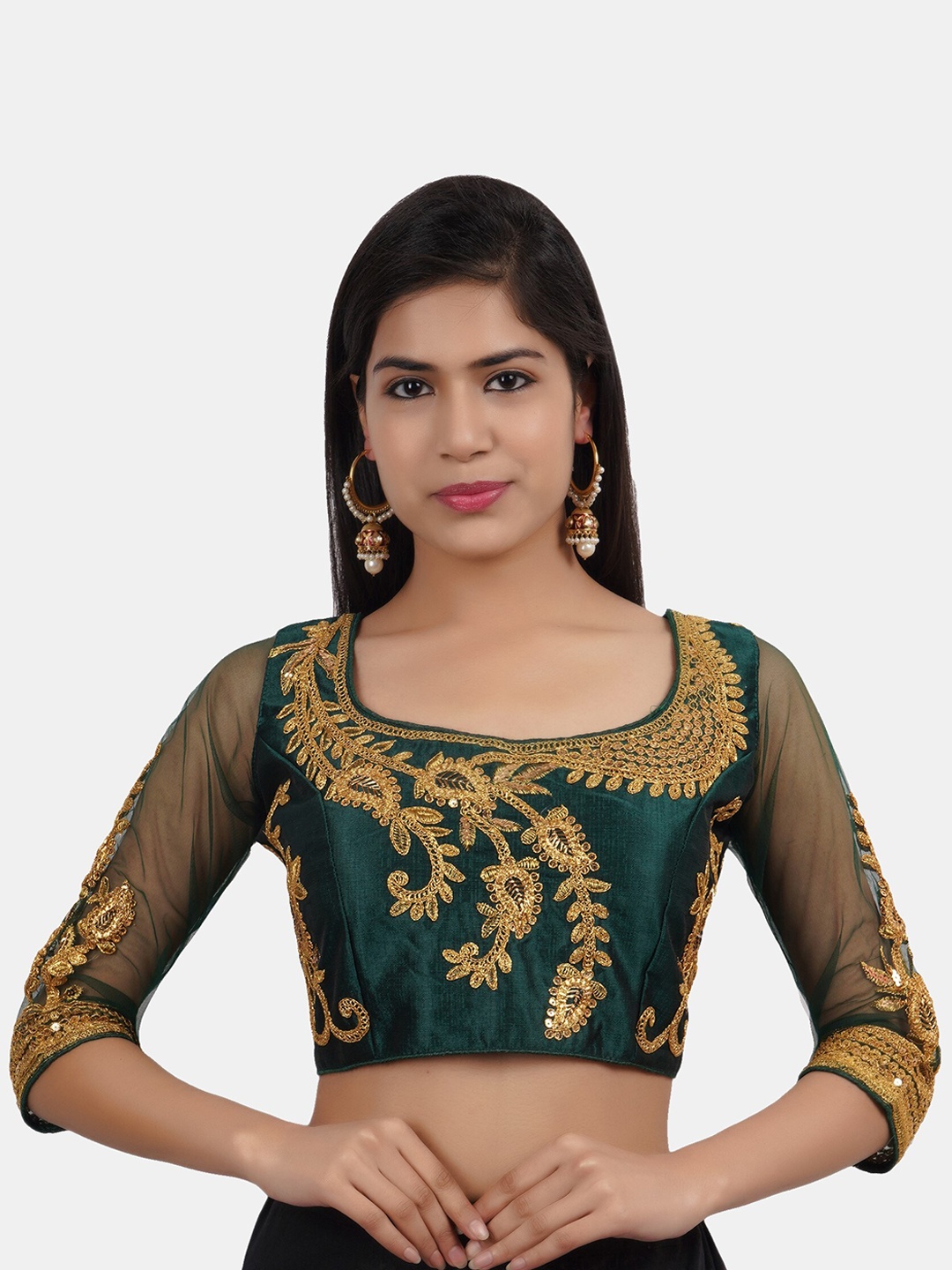 

Trendzmy Teal Green Embroidered Silk Saree Blouse